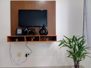 a television on a shelf on a wall with a plant at Apto mobiliado no edificio saveiro com garagem in São José dos Campos