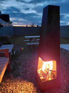 a fire pit in a backyard with a picnic table at The Shepherd's Cottage in Ardmore