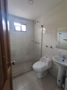a bathroom with a shower and a toilet and a sink at Hotel Madeleine Norte in Barranquilla