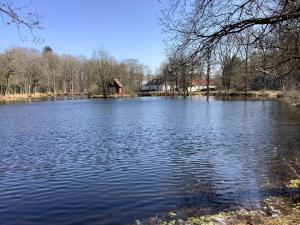 a large lake with a house in the background at 4 person holiday home in Hovborg-By Traum in Hovborg