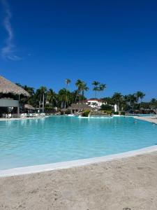 a large swimming pool with blue water and palm trees at Apartamento en Puerto Plata Marien Residences in Puerto Plata