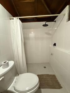 a white bathroom with a toilet and a shower at Maïa Bacalar in Bacalar
