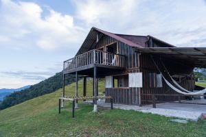 a house on a hill with a hammock in front of it at Cabaña Peñones in Murillo