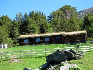 uma cabana de madeira com telhado de relva em Strind Gard, Visdalssetra em Boverdalen