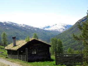 eine Blockhütte mit einem Grasdach mit Bergen im Hintergrund in der Unterkunft Strind Gard, Visdalssetra in Boverdalen
