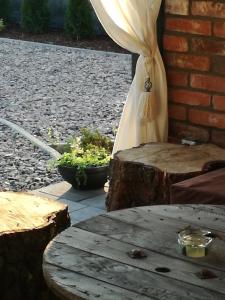 um pátio com um toco de árvore e uma mesa de madeira em Cudodomek SPA w Mrozach Wielkich koło Ełku em Ełk