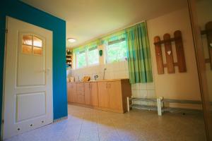 a large kitchen with a blue wall and a door at Apartament Niebieskie Narie in Kretowiny