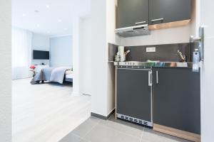 Il comprend une cuisine équipée d'un évier et d'une cuisinière. dans l'établissement Boutique Apartments am Stadtgarten, à Fribourg-en-Brisgau