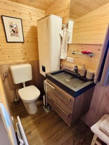 a small bathroom with a sink and a refrigerator at Chalet Josef in Braunsbedra