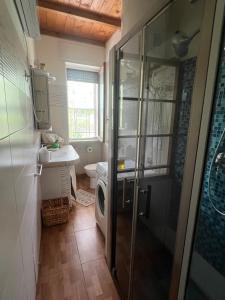 a bathroom with a shower and a sink and a washing machine at Ancora Sul Naviglio in Rozzano +18 photos