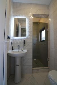 a bathroom with a sink and a shower with a mirror at ILIAS Guest House in Kvareli +40 photos