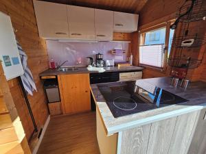 eine Küche in einem winzigen Haus mit einer Arbeitsplatte in der Unterkunft Ferienhaus Bootsmann in Plau am See