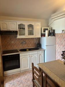 a kitchen with white cabinets and a white refrigerator at Apartman Gorana with swimming pool in Jelsa