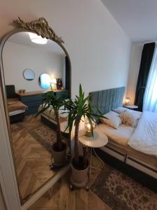 a bedroom with a bed and a large mirror at Dream Oasis in Banja Luka