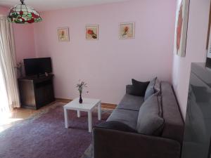 ein Wohnzimmer mit einem Sofa und einem Tisch in der Unterkunft Appartementhaus Elena in Jelsa