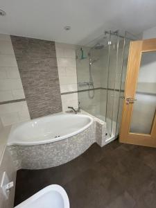 a bathroom with a tub and a shower and a toilet at Traumpanorama zwischen Chiemsee und Salzburg - 74 qm - mit E-Ladesäule in Surberg