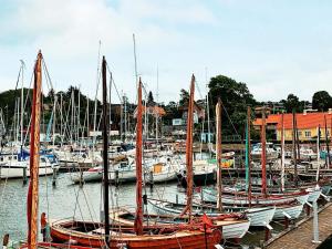un groupe de bateaux amarrés dans un port dans l'établissement Modern Retreat with View - By Traum Ferienwohnungen, à Løgstrup