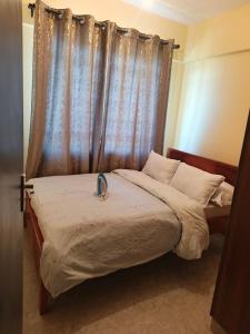 a bedroom with a bed with a blue curtain at Okoko Enterprises BnB in Kisumu