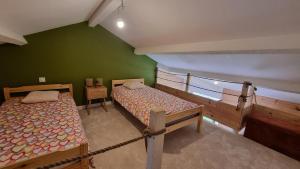1 Schlafzimmer mit 2 Betten und einer grünen Wand in der Unterkunft Cocon au cœur des Montagnes in Puyvalador