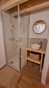 ein Badezimmer mit Dusche, Waschbecken und Spiegel in der Unterkunft Cocon au cœur des Montagnes in Puyvalador