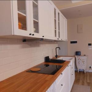 a kitchen with white cabinets and a counter top at A CASA DI BICE&SISSI - vicino all'Allianz Stadium, centro città, Parco Dora, facoltà di informatica in Turin