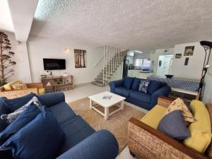 a living room with blue couches and a tv at Holiday home by the River with Jetty in Port Alfred