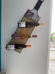 a bunch of wine bottles hanging on a wall at Stunning 2BR Flat with Terrace and private parking in Strasbourg +12 photos