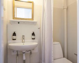 a bathroom with a sink and a toilet and a mirror at Klippen Hotel - Therns in Gudhjem