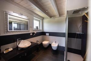 a bathroom with a sink and a toilet and a mirror at Agriturismo La Torretta in Pescantina +42 photos