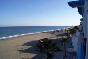 a view of a beach with palm trees and the ocean at Hotel Doña Luisa in San Luis de Sabinillas