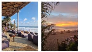 Dos fotografías de una playa y una puesta de sol. en LePalms villa, 2min Beach, 10min Atlas,Finns Club, en Canggu