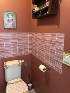 a bathroom with a pink toilet and a picture on the wall at La chambre des secrets Perougien in Pérouges +14 photos