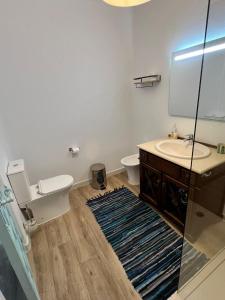 a bathroom with a sink and a toilet and a mirror at Casas de Valtravieso El Jardín in El Pozo de los Frailes