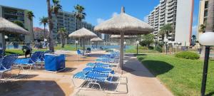 una fila de sillas azules y sombrillas en un parque en Saida Royale 9039, en South Padre Island