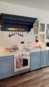 a kitchen with blue cabinets and a sink at La!Maison am Rhein in Trebur +59 photos