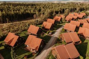 une vue aérienne d'une rangée de maisons aux toits orange dans l'établissement Ferienhaus im Naturerlebnisdorf Blauvogel, à Hasselfelde