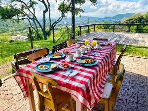 a table with a red and white checkered table cloth at TURULEKA Hostel in Roldanillo