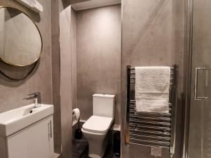une salle de bain avec toilettes, lavabo et miroir dans l'établissement Apartment 9, à York