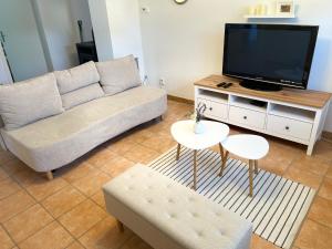 a living room with a couch and a flat screen tv at Wanderlust - Thüringer Wald, Rennsteig, Finsterbergen in Friedrichroda