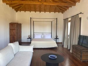 a bedroom with a bed and a couch and a tv at Paralies Resort in Skiathos Town