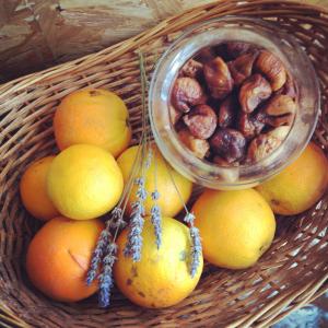 a basket of fruit with lemons oranges and nuts at Al-Gharb Tavira Eco GuestHouse in Tavira