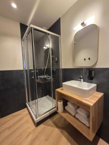 un baño con lavabo y ducha en Hôtel l'Hermine - Vannes Port de plaisance, en Vannes 32 fotos más