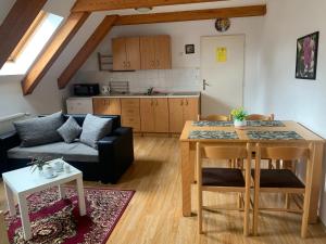 a kitchen and living room with a table and a couch at Penzion a Restaurace Pintovka in Tábor