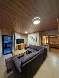 a living room with a couch and a tv at Hotel & Restaurant Rösselsquelle in Ludwigswinkel