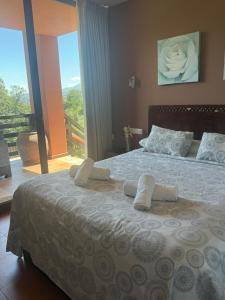 a bedroom with a large bed with a large window at Apartamentos Rurales El Mirador de San Juan in Cangas de Onís