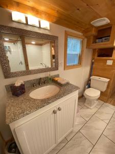 Un baño con lavabo, inodoro y espejo. en True Tiny Home & Community - 6 Mins To Downtown, en Mentone