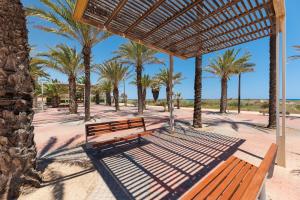 a park with a bench and palm trees at La Brisa de Pilar in El Mojón