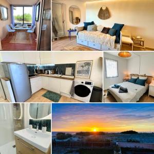 un collage di foto di una camera da letto e di un soggiorno di Appartement 2 à 4 personnes à 50m de la plage a Lacanau-Océan