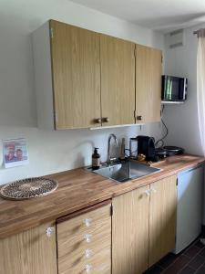 a kitchen with wooden cabinets and a sink at Nature-close guest room with garden - Private bath included in Tisvildeleje