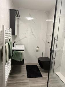 Un baño con un inodoro negro y un lavabo. en Cozy Room - Self Check In - Bad Nauheim, en Bad Nauheim